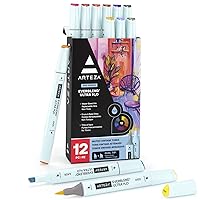 ARTEZA Dual Tip Brush Pens, 12 Vintage Tones, EverBlend Watercolor Calligraphy Markers, Nylon Brush and Medium Chisel Nib, Water-Based Ink