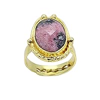 Natural Rhodonite 14X10 MM Oval Checker Cut Gold Plated Brass Ring with Adjustable Band