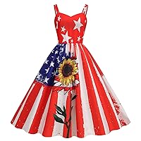 Women 1950s Retro Swing Cami Empire Waist Dress Summer American Flag Spaghetti Strap Elegant Midi Cocktail Dresses