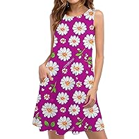 Women's Cute Daisy Tank Dresses Summer Casual Loose Fit Beach Sundress Sleeveless Crewneck Mini Dress with Pockets