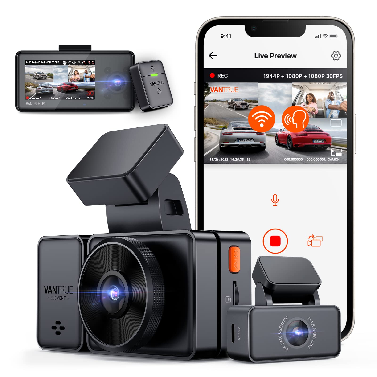 Vantrue E3 3 Channel Dash Cam Front and Rear Inside, 3 Way Triple WiFi GPS Dash Camera 2.7K 1944P+1080P+1080P with STARVIS IR Night Vision, Voice Control, 24 Hours Parking Mode, Support 512GB Max
