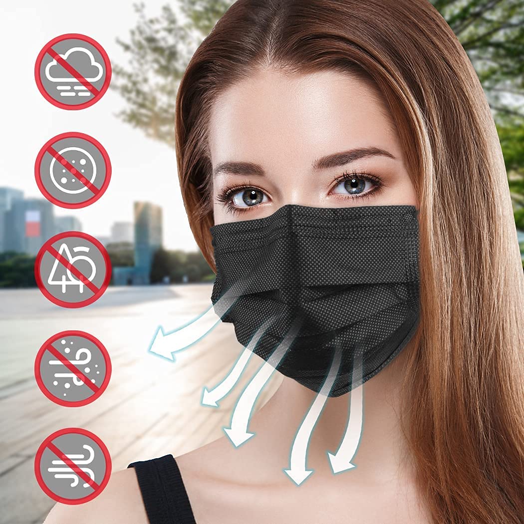 50Pack 3 Ply Black Disposable Face Masks for Adult Women Mens Home Personal Safety and Protection (Black)