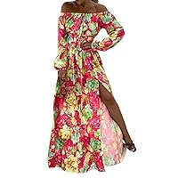 Women Bohemian Style Elegant Off Shoulder Flowered Printing Long Sleeve Slit Long Casual Work Dresses for Women