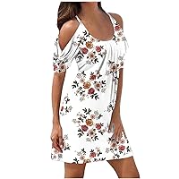 Women's Spaghetti Strap Floral Sundress Dress Cold Shoulder Short Sleeve Dresses Summer Casual Beach Party Sun Dress