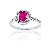 DECADENCE Sterling Silver Rhodium 1mm Round Created White Sapphire & 7mm Round Created Ruby Halo Ring