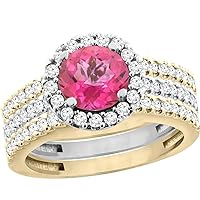 PIERA 14K Gold Natural Pink Topaz 3-Piece Ring Set Two-tone Round 6mm Halo Diamond, sizes 5-10