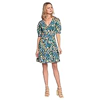Donna Morgan Women's Leaf Printed V-Neck Dress with Puff Sleeves