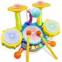 Drum Set for Kids with 2 Drum Sticks and Microphone, Musical Toys Gift for Toddlers… (Green)