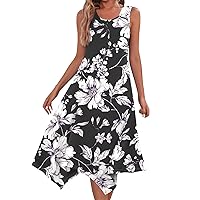 Sundresses for Women 2024 Summer Casual Fashion Round Neck Sleeveless Floral Print Irregular Hem Midi Dress