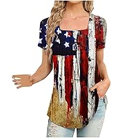 4th of July Patriotic Shirt for Women American Flag T-Shirts Casual Square Neck Short Sleeve Pleated Flowy Blouse