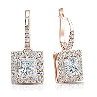 Women's Girls Dangle Clip-On Halo Earrings 2.00 Ct Princess-Cut VVS1 Diamond 925 Sterling Silver