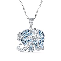 Aqua Blue Grey Pave CZ Good Luck Elephant Pendant Necklace For Women Girlfriend Polished .925 Sterling Silver With Chain