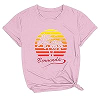 Beumuda Letter T-Shirts Women Palm Trees Graphic Beach Tee Tops Casual Short Sleeve Crewneck Vacation T Shirt Blouse