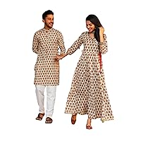 Indian Couple Combo Cotton Bagru Printed Men's Kurta & Woman Anarkali Kurti Set 448X
