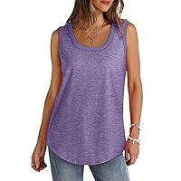 Womens Solid Tank Tops Summer Comfy Loose Sleeveless T-Shirts Ribbed Trim Scoop Neck Curved Hem Tunic Blouses 2024