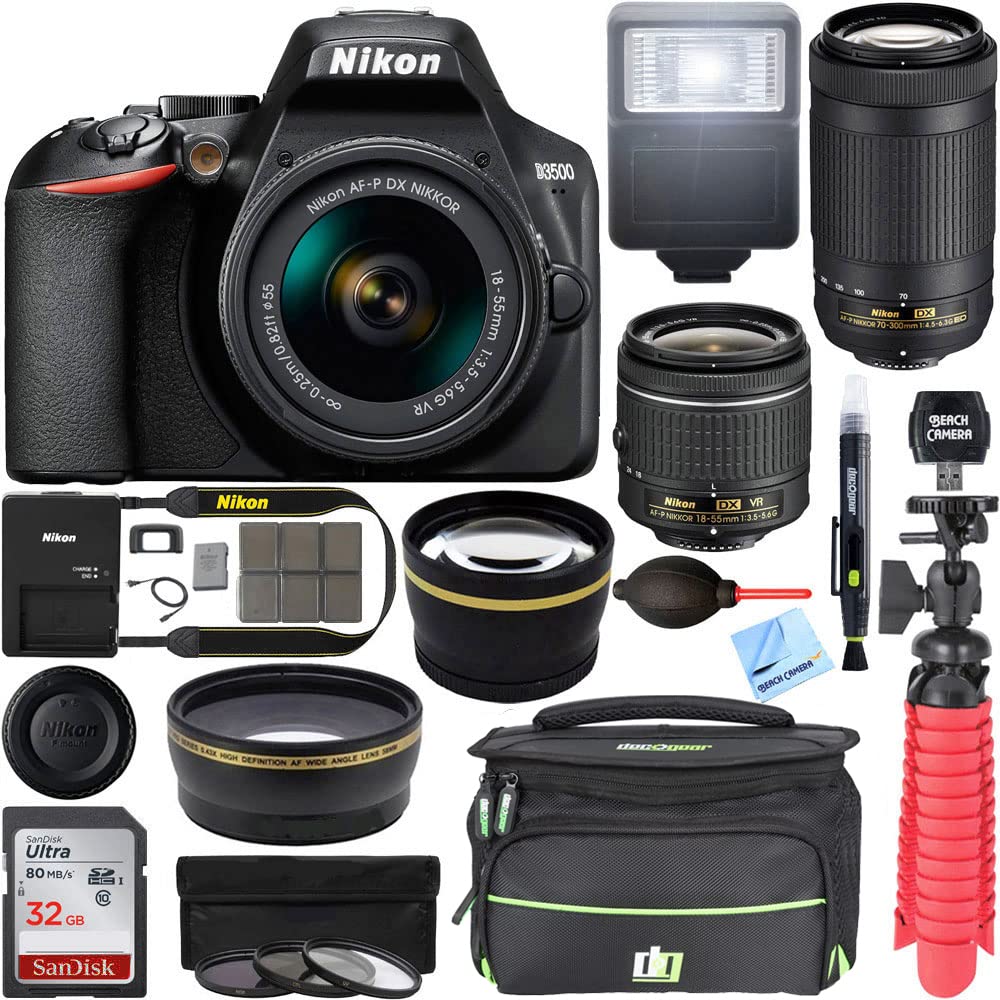 Nikon D3500 DSLR Camera w/AF-P DX 18-55mm VR and 70-300mm Double Zoom Lens Bundle with Travel Case, Wide Angle Lens, Telephoto Lens, Filter Sets, 32GB Memory Card and Accessories (11 Items)