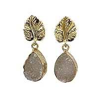 Handmade Earrings Natural Agate Druzy Leaf Shape Pear Shape Single Stone Gold Plated Drop & Dangle Stud Earrings