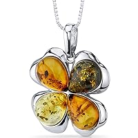 PEORA Genuine Baltic Amber Shamrock Lucky Clover Pendant Necklace, Earrings and Bracelet in Sterling Silver, Rich Cognac, Honey and Olive Colors