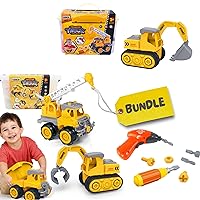 Construction Trucks Take Apart Toys for Kids Age 3-5 Toddlers. Grapple, Crane, Dump Truck Toy Set and Excavaror Construction Building Toy Set with Screwdriver and Drill Stem Educational Birthday Gift