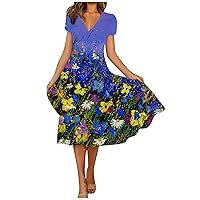 Summer Dress, Fashion V Neck Short Sleeve Boho Floral Print Flowy Midi Dresses Womens 2024 Dress Spring for Women Short Sleeved Hippie Pink Dress Women Eyelet Dresses Short (5XL, Royal Blue)