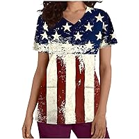 4Th of July T Shirts for Women Flag Printing V Neck Short Sleeve Scrubs-Tops Casual Patriotic Workwear Shirt Top Patriotic Shirt Cool Stuff Under 5 Dollars