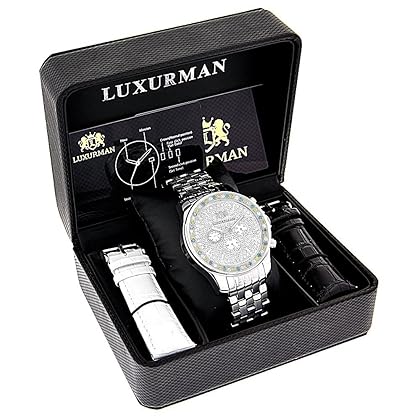 LUXURMAN Matching His and Hers Watches White Blue Yellow Diamond Watch Set Gold Plated Steel Bands 5.25ct