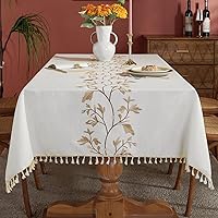 Cotton Linen Waterproof Tablecloth for Dining Table Farmhouse Kitchen Rectangle Table Cloth Coffee Wrinkle Free Table Cover, Beige, Coffee Flower, 55x86 Inch