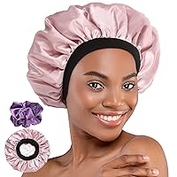 Bonnet, Adjustable Silk Satin Sleep Cap Hair Wrap for Women Men with Scrunchies Double Layer Lined Bonnets for Curly Braid Hair (Pink)