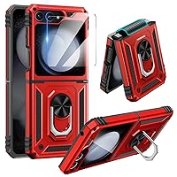 Goton for Galaxy Z Flip 5 Case with Hinge Protection, Samsung Z Flip 5 Kickstand Case with Screen Protector, Rugged Heavy Duty Military Grade Galaxy Z Flip 5 Cover Red
