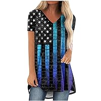 4Th July Clothes Fitted Henley Tops for Women Plus Size V Neck Tops Short Sleeves Tops for Women American Flag T-Shirt Women's Shirts Plus Size Summer Tunic Tops Blouses for Women Fashion 2024 Blues