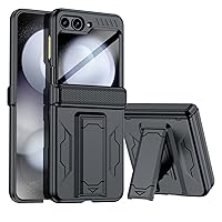 Vizvera for Samsung Galaxy Z Flip 5 Case, Built-in Kickstand & Hinge Protector & HD Screen Protector, Wireless Charging All-Inclusive Shockproof Case for Z Flip 5-Black