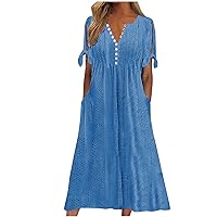 Womens Boho Maxi Long Dress Trendy Eyelet Summer Dresses Button V Neck Beach Vacation Casual Outfits with Pockets Blue