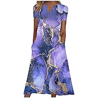Summer Dresses for Women 2023 Maxi,Womens Marble Graphic Short Sleeve Beach Dress Plus Size V Neck Pocket Sundresses