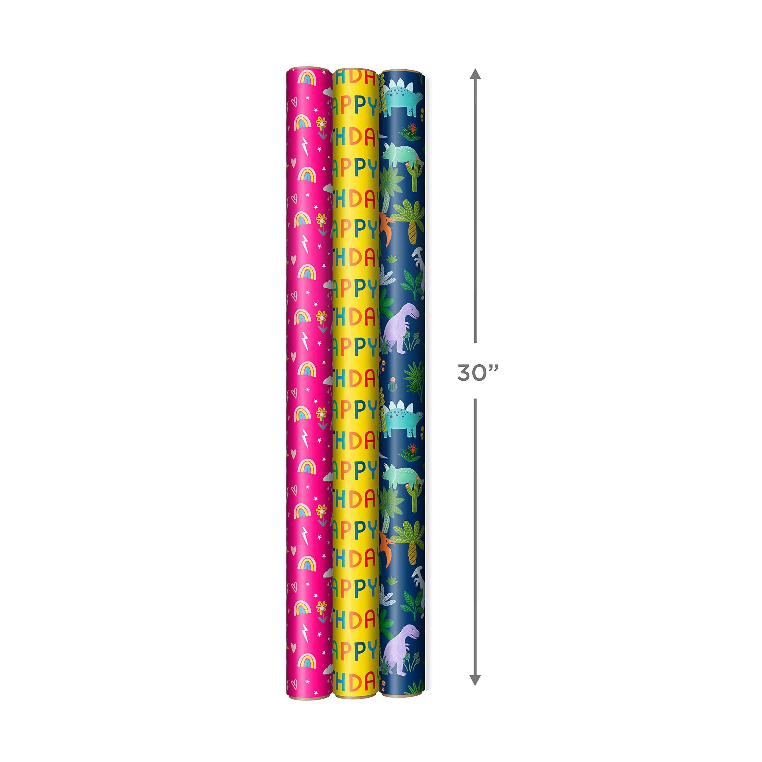 Hallmark Kids Birthday Wrapping Paper (3 Rolls: 75 sq. ft. ttl) Pink Rainbows, Blue Dinosaurs, Yellow 