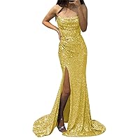 Mermaid Sequin Prom Dress Long Cowl Neck Spaghetti Straps Evening Gowns with Slit Appliques
