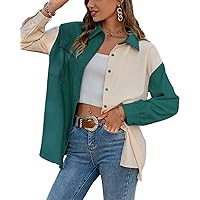 Women's Corduroy Color Block Boyfriend Shirts Casual Oversized Button Down Blouse Tops with Pocket