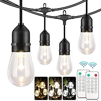 3 Color Outdoor LED Dimmable String Lights for Patio with Remote, Plug in 48FT Waterproof Shatterproof Edison Bulb Lights for Bistro Pergola