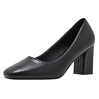 Women Leather Pump Shoe Office Daily Wear Work Pump Block Heel Square Toe Polished Mid Heels