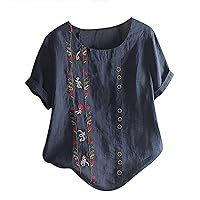 Womens Tops Casual Cotton Linen T Shirts Oversized Short Sleeve Round Neck Shirt Cute Floral Graphic Tee Summer Ladies Blouse