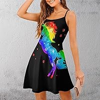Rainbow Unicorn Women's All Over Printed Sling Dress Sleeveless Strap Swing Sundress