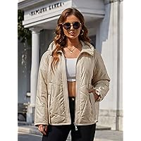 Plus Size Womens Jackets Plus Strap Detail Slant Pockets Raglan Sleeve Hooded Quilted Coat Plus Size Jackets (Color : Beige, Size : XX-Large)