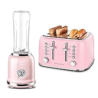 Retro 4 Slice Toaster + Cute Personal Blender, Stainless Steel Toaster, Powerful Smoothie Blender, Pink Appliance