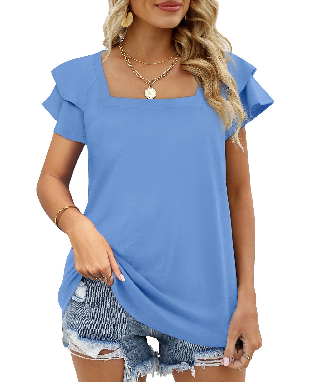 OFEEFAN Womens Tops Ruffle Short Sleeve V Neck T-Shirts Casual Loose Fit