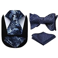 HISDERN Men's Floral Tie Set and Bow Tie Set Handkerchief Jacquard Woven Classic Men's Necktie & Pocket Square Set