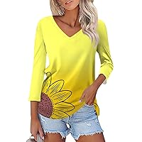 3/4 Length Sleeve Womens Tops Summer V Neck Vacation Shirts Comfy Loose fit Blouse
