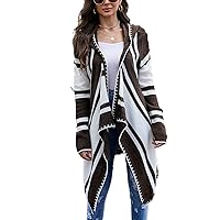 Flygo Women's Long Sleeve Striped Irregular Hem Drape Open Front Knit Cardigan with Hood