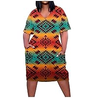 Summer Tie Dye Plus Size Dress for Women Casual Short Sleeve Aztec Floral Print Maxi Dress with Pockets Loose Crewneck Dress