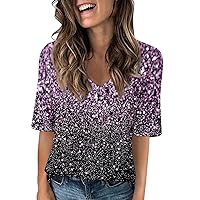 Womens Fashion Half Sleeve Tops Casual V Neck Summer Shirts Loose Fit Elbow Length Sleeve Blouses