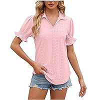 Business Casual Tops for Women Lapel V Neck Puff Sleeve Lace Eyelet Blouses Office Ladies Summer Short Sleeve Work T Shirts