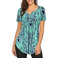 Halife Women's Floral Printed Short Sleeve Henley V Neck T-Shirt Pleated Casual Flowy Tunic Blouse Tops